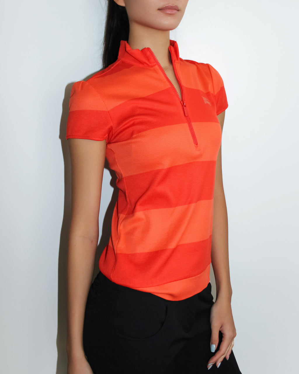 Burberry Golf Womens Orange Striped Zip Polo